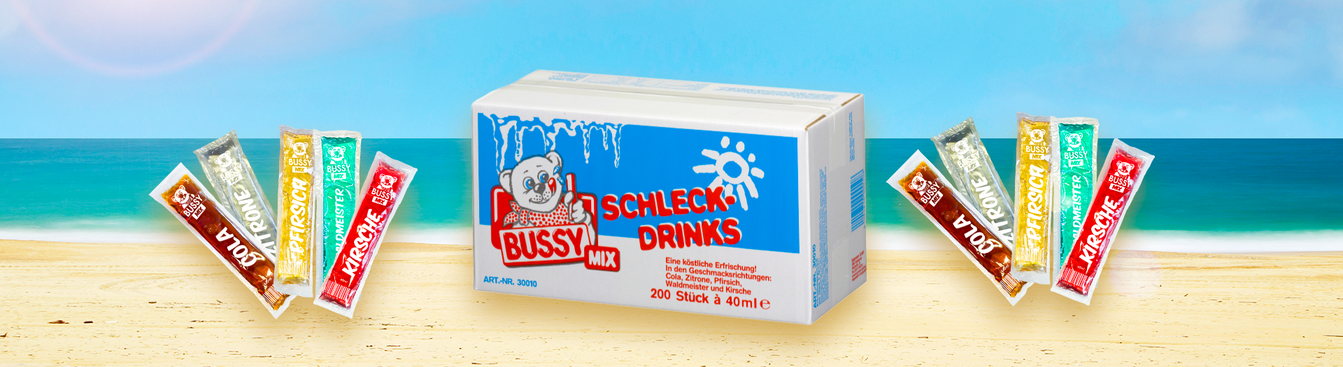 Auf der Abbildung sieht man eine Kiste BUSSY Mix Wassereis 200 Stk à 40ml und Wassereisstrips vor einem Strandhintergrund