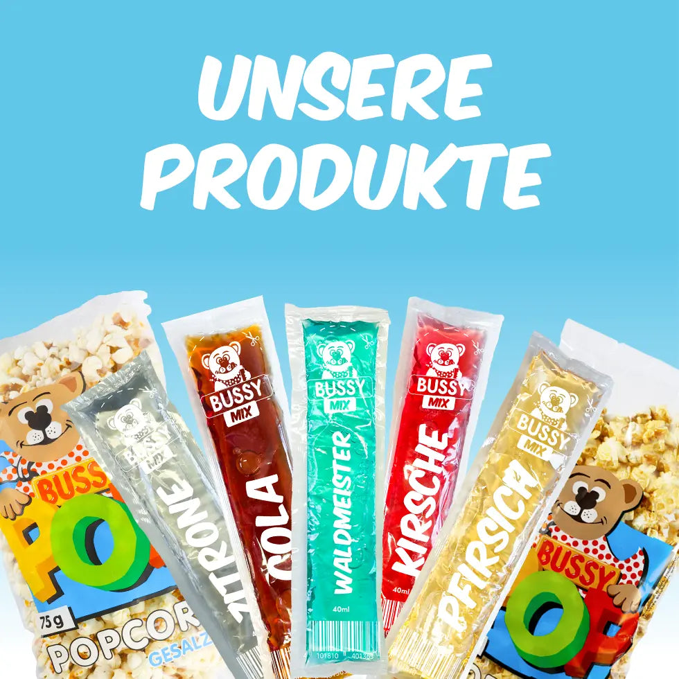 Die Abbildung zeigt Wassereis und Popcorn als mobiles Headerbild mit dem Titel "unsere Produkte" vor blauem Hintergrund