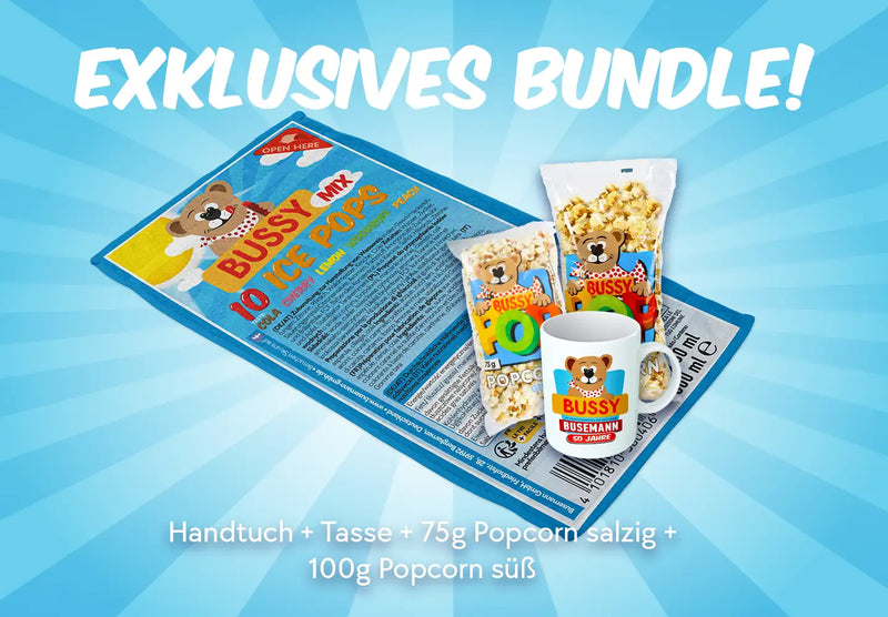 bussy starterset bestehend aus handtuch, tasse und popcorn